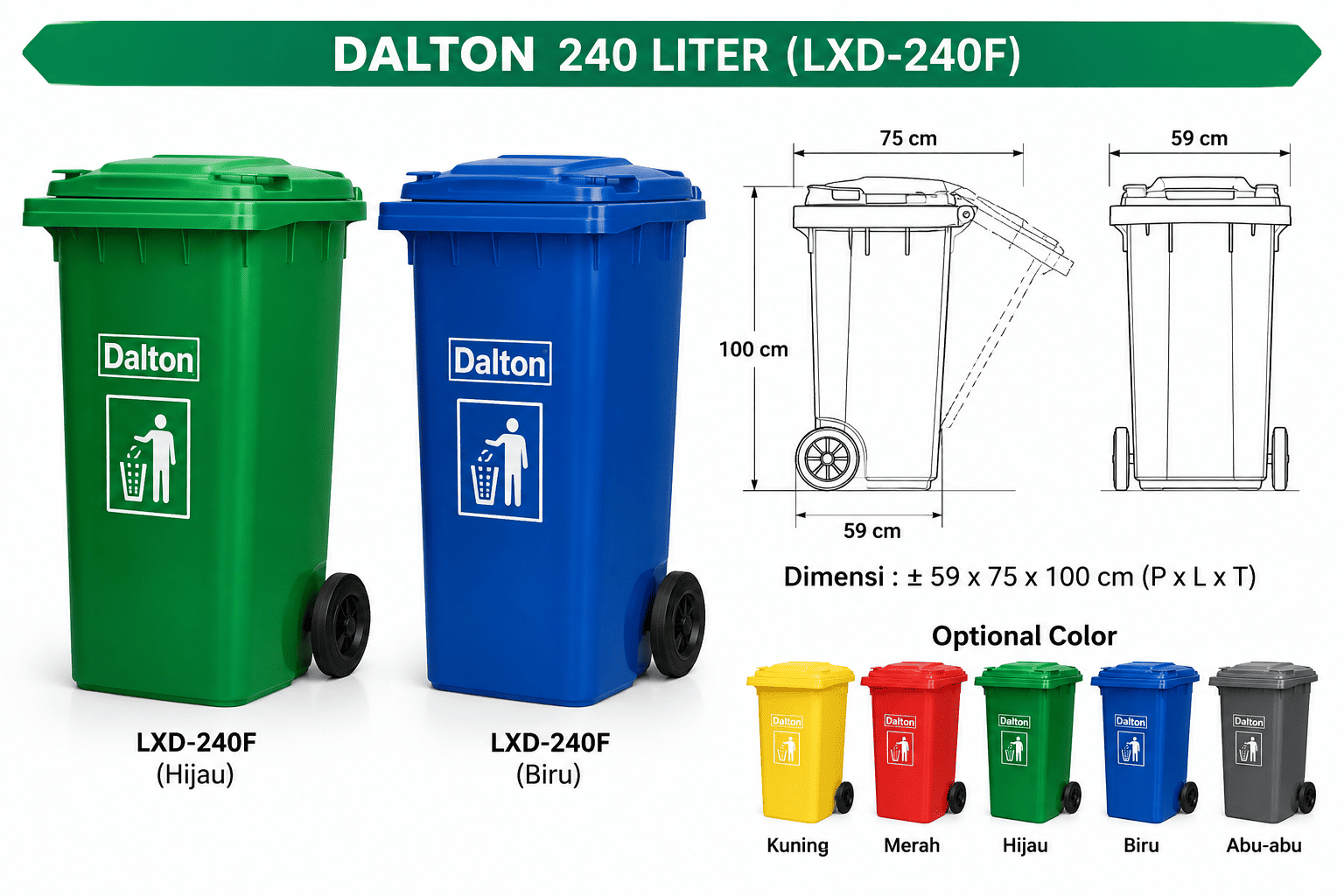 Tong Sampah Roda 240 Liter Hijau ( LXD240F Green )